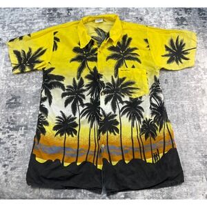 Island Dreams 4XL Hawaiian SS Shirt Palm Trees Yellow Black Cotton Vacation Core
